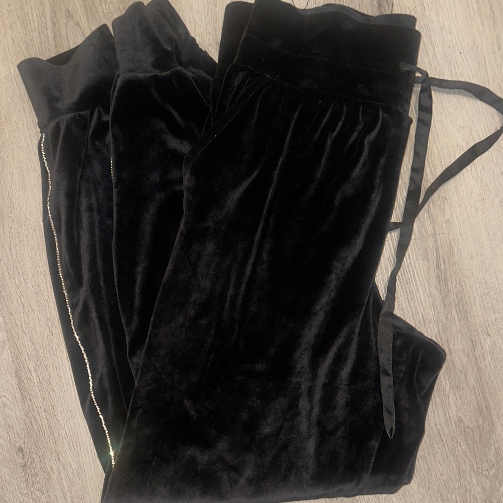 “Pink, Victoria Secret” Black Velvet Joggers with Side Zipper